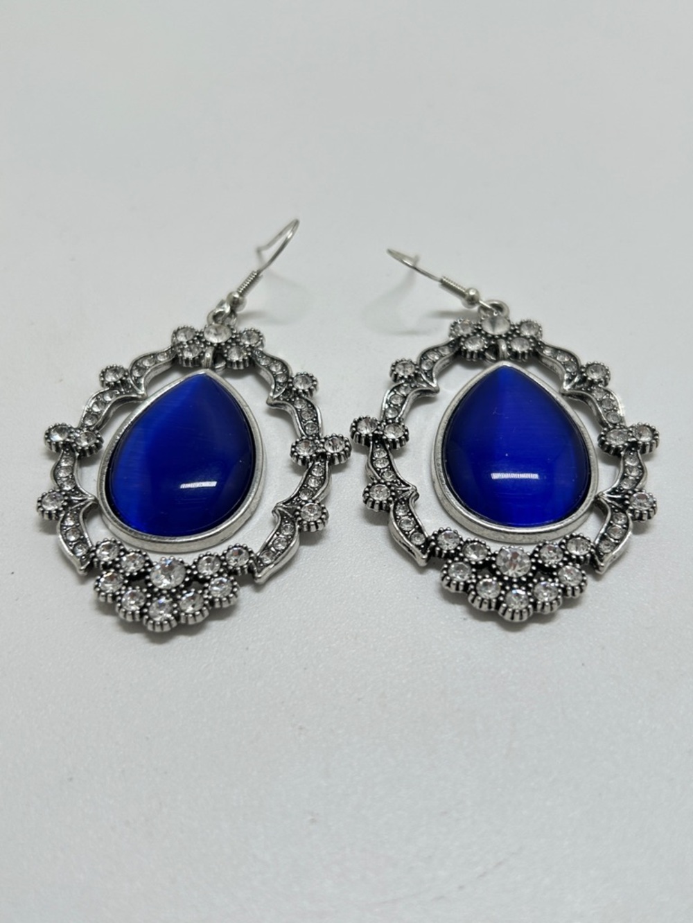 Silver, Blue Glass And Clear Crystal Fancy Dangly Earrings, Wires